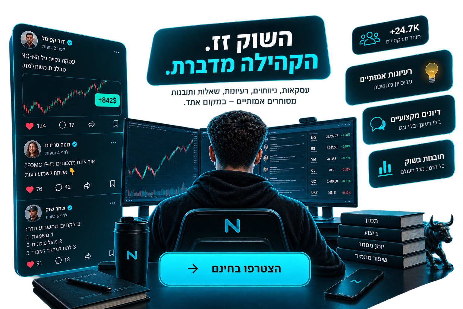 סוחר מול מסכים עם פיד NostroPedia, גרפים ותובנות שוק